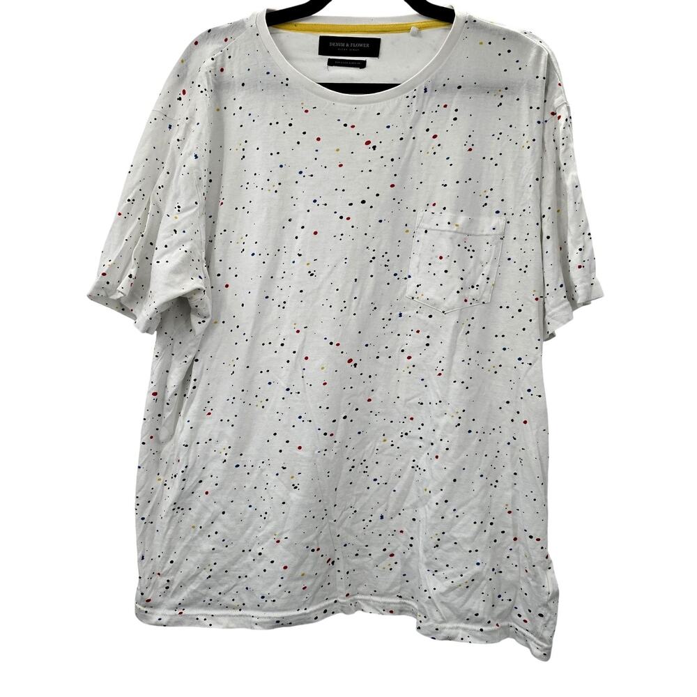 Denim & Flower Ricky Singh Shirt Mens XL White Paint Splatter Pocket Cotton